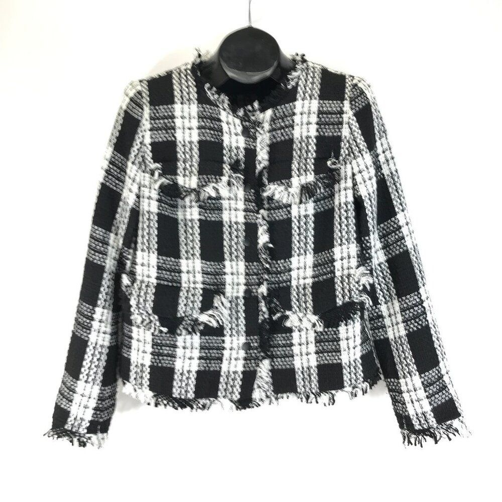 1.State Tweed Cropped Fringe Jacket Women's Medium Plaid Raw Edge Frayed Blazer